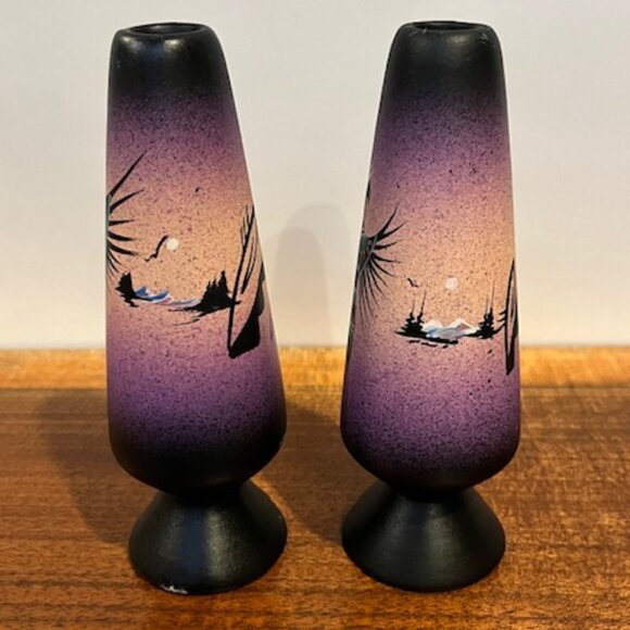 Pair of Navajo Native American Purple Hand Painted Bud Vases Signed - Picture 2 of 8